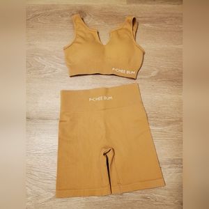 Pochee Bum Athleisure Workout Sport Bra/Shorts Ribbed Orange